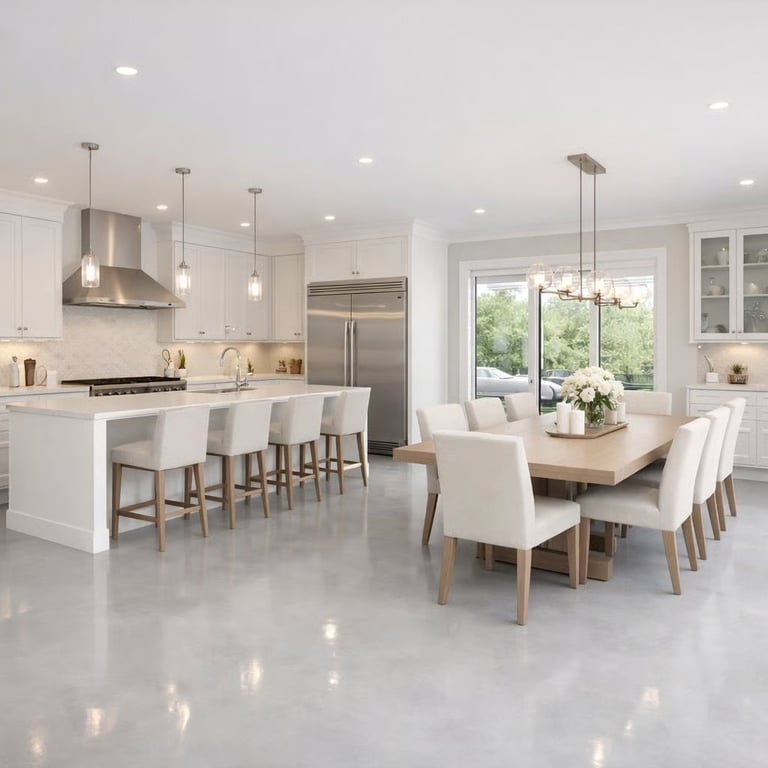 Modern open-concept kitchen and dining room with white cabinetry, stainless steel appliances, wood dining table, white chairs, and polished concrete floors