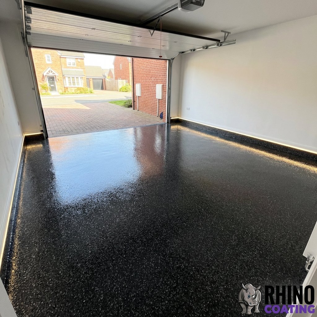 Empty garage interior with polished dark epoxy floor, white walls, and open door showing brick building and driveway outside