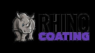 Rhino Coating logo featuring a gray rhinoceros illustration with purple and black text on a black background